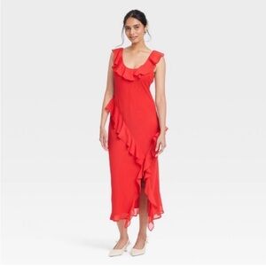 A New Day Red Asymmetrical Ruffle Dress Sz MED Womens NWT